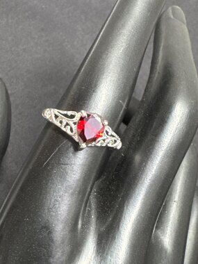Heart-Tear Shaped Red Gemstone Ring With Intricate Silver Filigree Design - Size